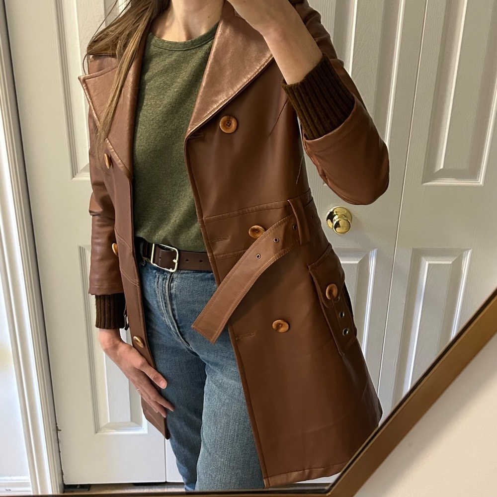 1970s Vintage Inspired Faux Leather Double Breasted Trench Coat Brown Size 2/4